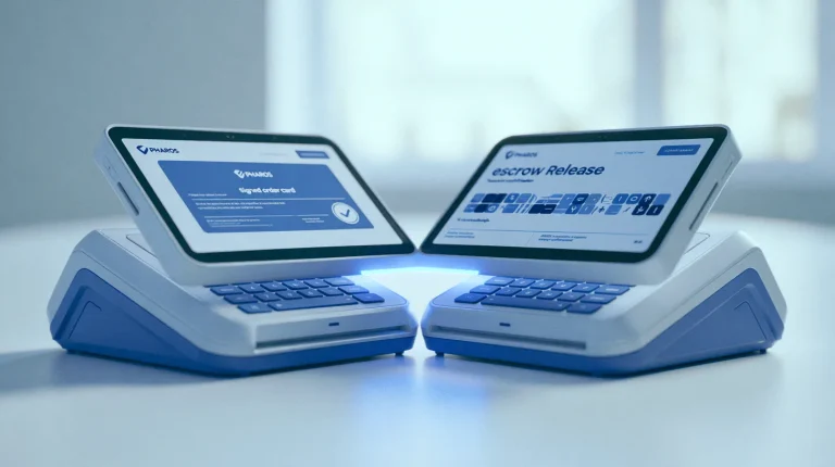 Two autonomous software agent terminal dashboards negotiating a purchase in a dim modern workspace