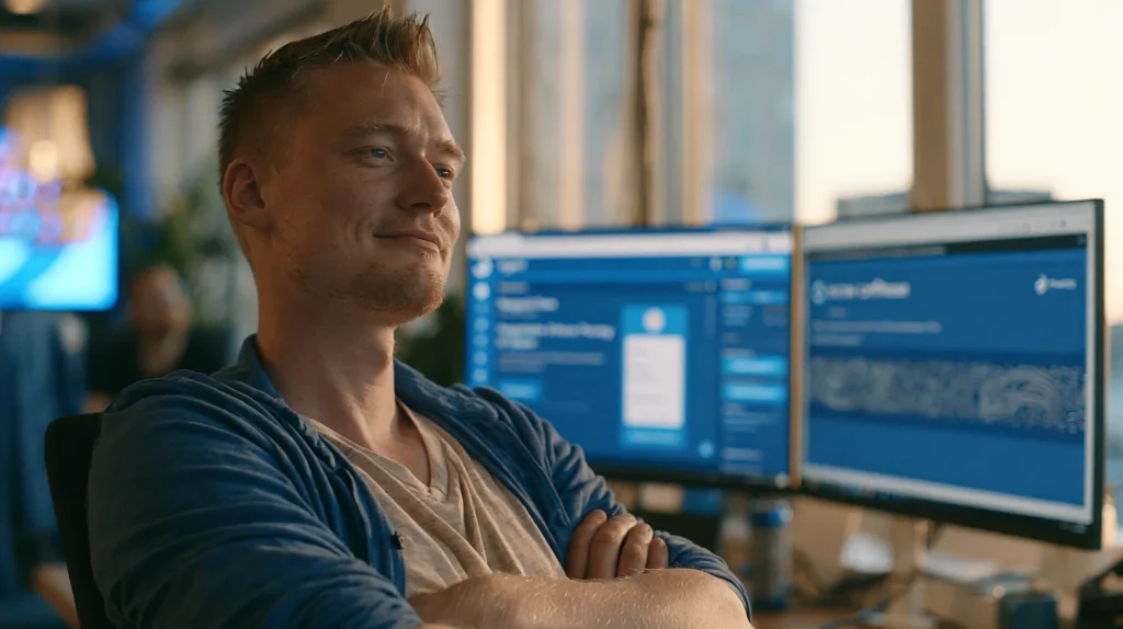 Developer observing a machine-to-machine exchange, one screen showing a signed order and stablecoin escrow release confirmation with a transaction hash