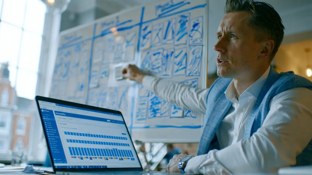 Close-up of a laptop showing a vulnerability dashboard next to the phased whiteboard checklist