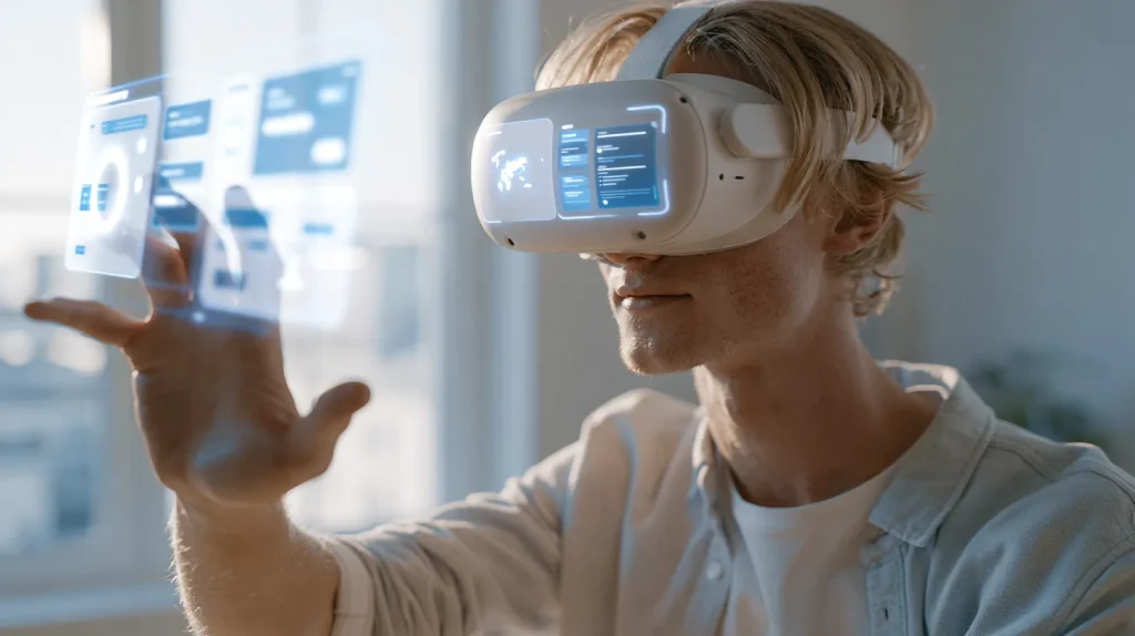 Two people wearing VR headsets interacting with a floating 3D object between them