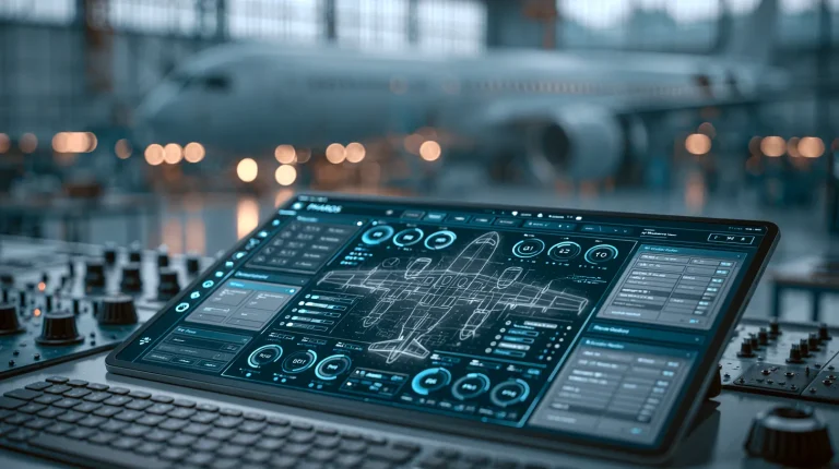 Aviation maintenance dashboard interface showing aircraft status over a hangar backdrop