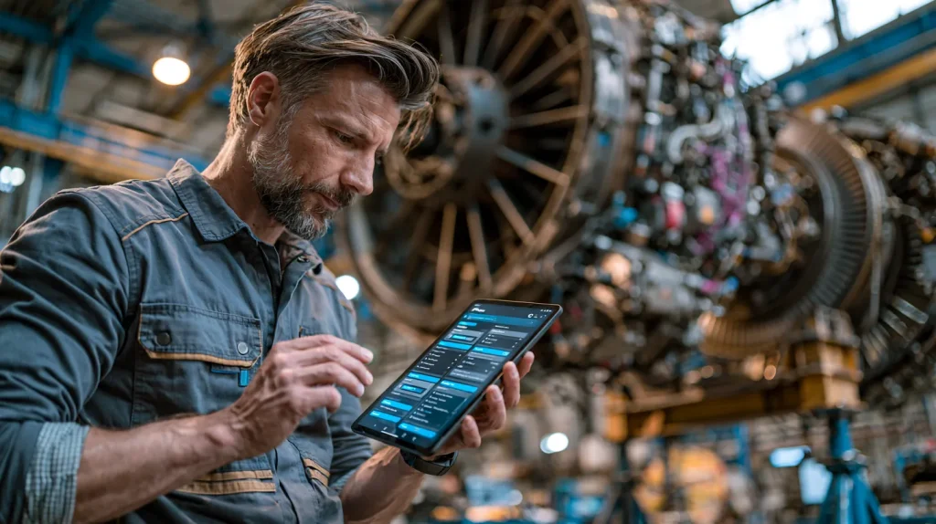 MRO engineer reviewing a maintenance tablet beside an aircraft engine in a hangar