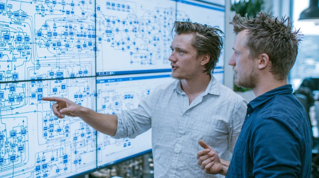 Two backend engineers reviewing a system architecture diagram on a large screen