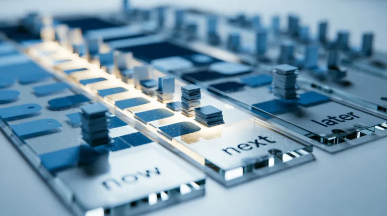 Macro close-up of a digital product management roadmap board with prioritized swimlanes