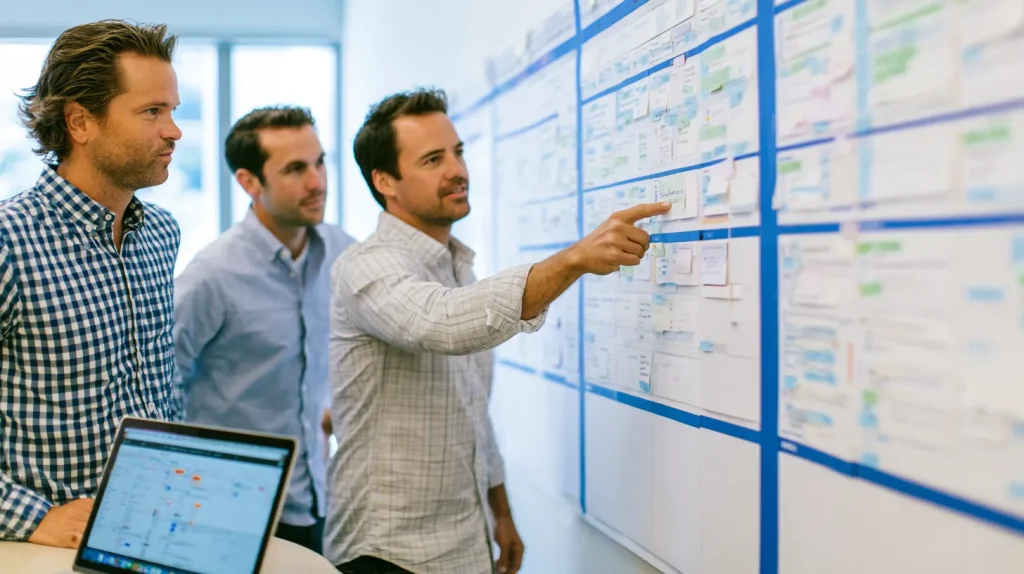 Product manager, product owner and delivery lead reviewing color-coded swimlanes on a physical roadmap board