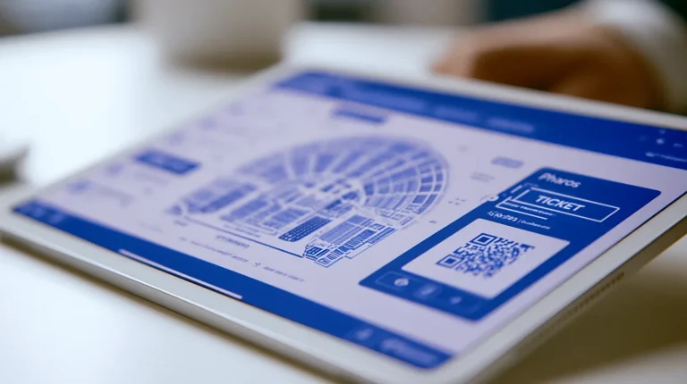 Event ticketing platform interface showing a venue seat map and digital tickets on a tablet