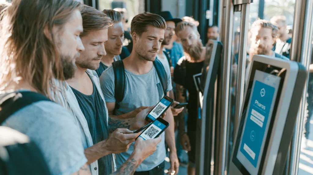 Crowd at a live venue using phones with digital tickets at smart entry turnstiles