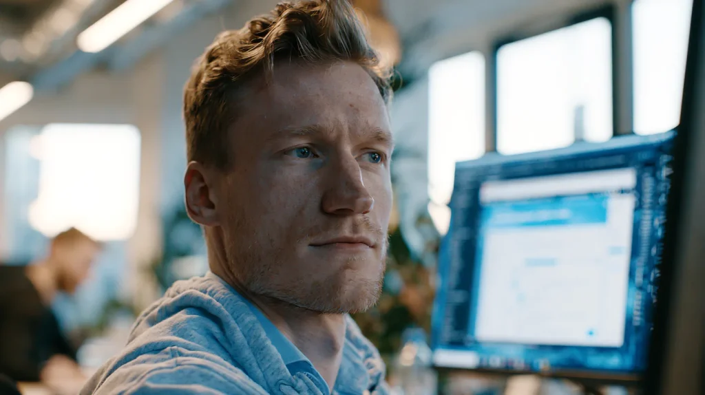 Two frontend engineers at a large monitor comparing several UI component variants side by side