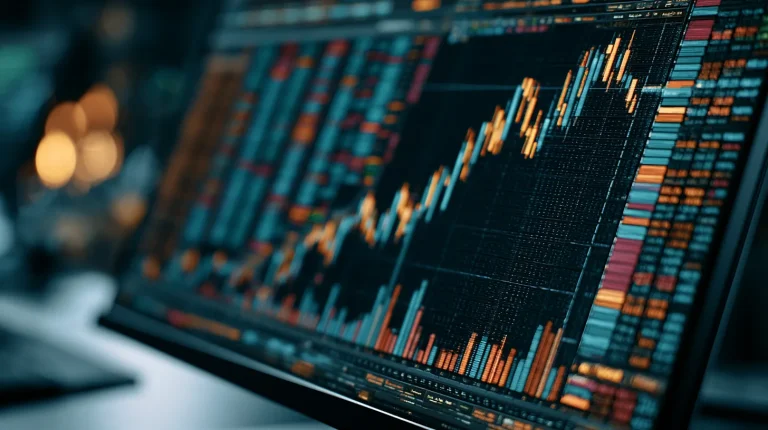 Founder and a lead engineer at a conference table reviewing a printed crypto exchange architecture blueprint beside a laptop showing a live order-book trading terminal