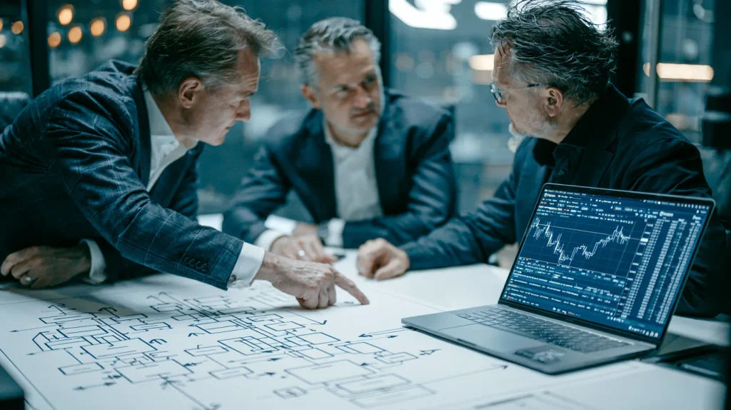Close-up of the printed architecture blueprint marking the matching engine, wallet custody and compliance subsystems