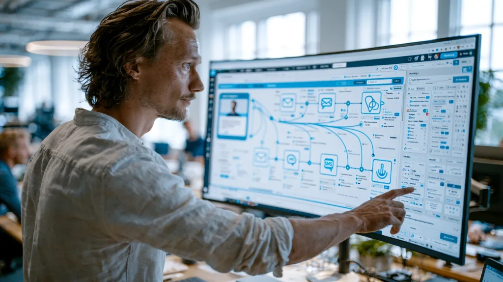 Marketer building a customer journey with channel nodes and audience segment cards at a standing desk