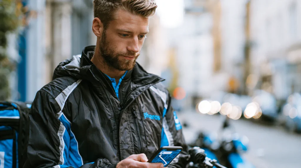Courier checking a route on a smartphone in an urban setting while using an on-demand delivery app