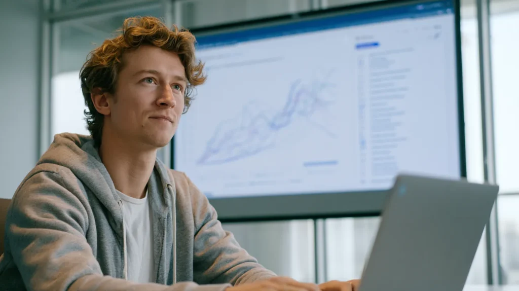 ML engineer reviewing wall-projected A/B cohort curves and a ranked recommendation list beside a laptop