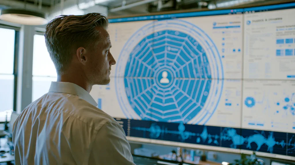 Operations room wall display with a red incident-timeline banner for a poisoned package alert next to the six-layer defense diagram