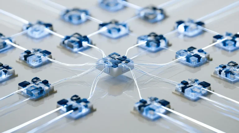 Macro photograph of a physical patch-panel-style hub with converging data lines representing software integration