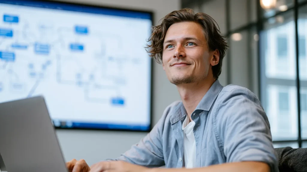 Engineer reviewing a wall-projected software integration diagram beside a laptop
