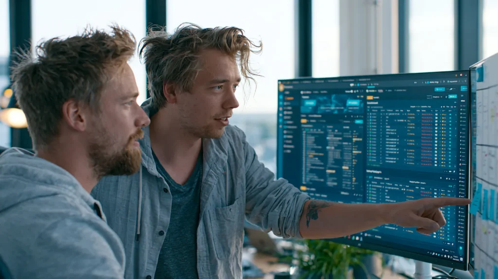 Two QA engineers reviewing a software test dashboard with pass and fail results