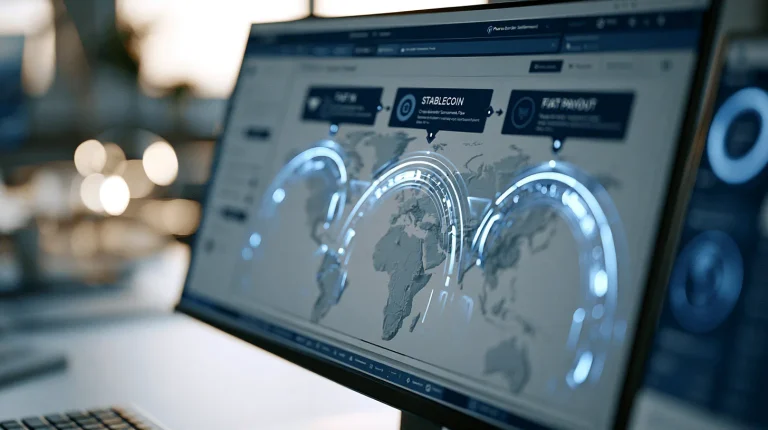 Corporate treasury dashboard showing a live cross-border stablecoin settlement flow with a world-map corridor overlay