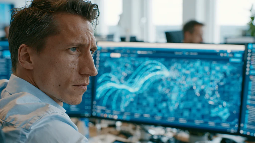 Finance operations team member reviewing a cross-border stablecoin settlement flow on a large monitor