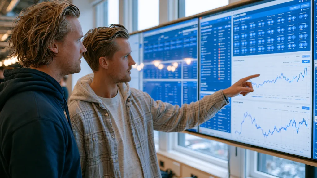 Platform engineers in an ops room reviewing a Pharos-blue cloud cost and Kubernetes cluster dashboard on a large wall display