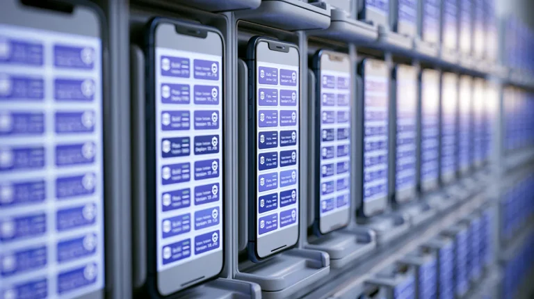 Macro close-up of a device rack running a Pharos-blue app build and test matrix across rows of phone screens, representing the state of mobile app development in 2026