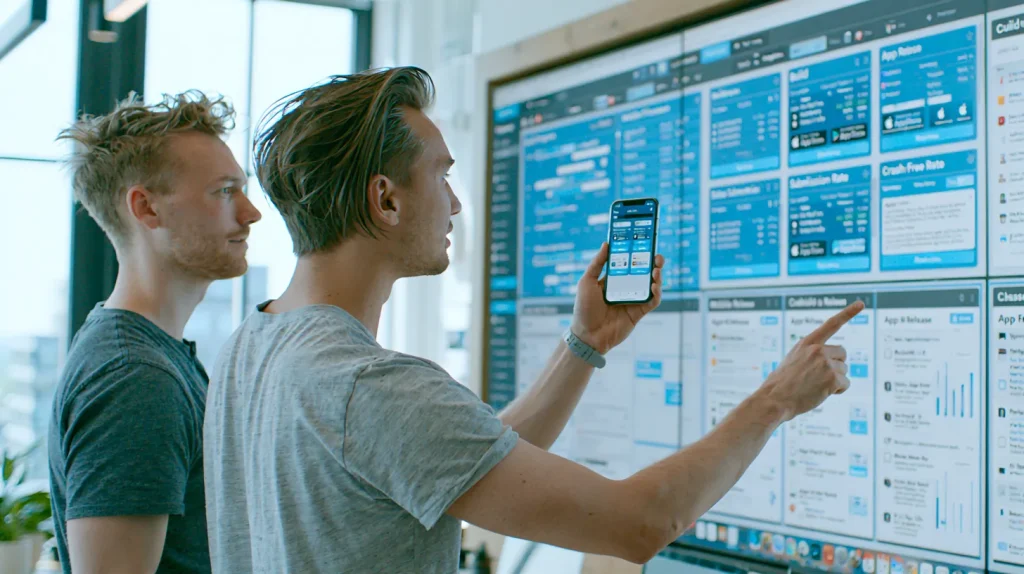 Mobile engineers in a release war-room reviewing a Pharos-blue mobile release status dashboard on a wall display