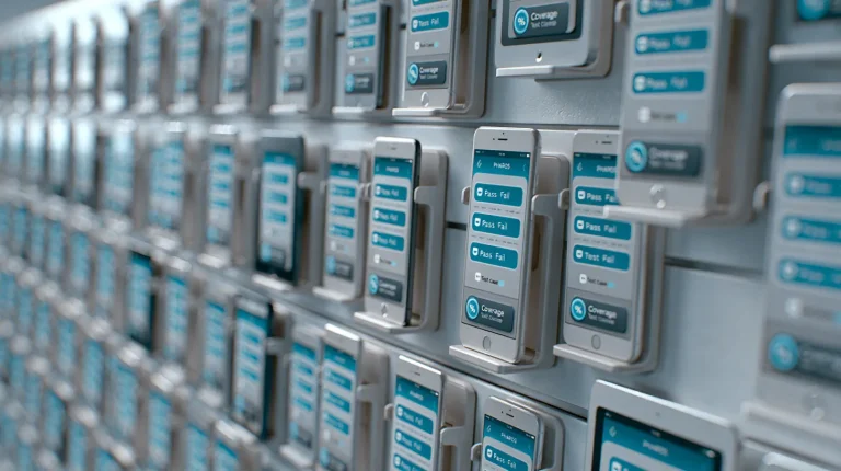 Macro close-up of a device-farm rack running rows of phones and tablets mid-test with a Pharos-blue pass and fail overlay on every screen, representing the state of QA and software testing in 2026