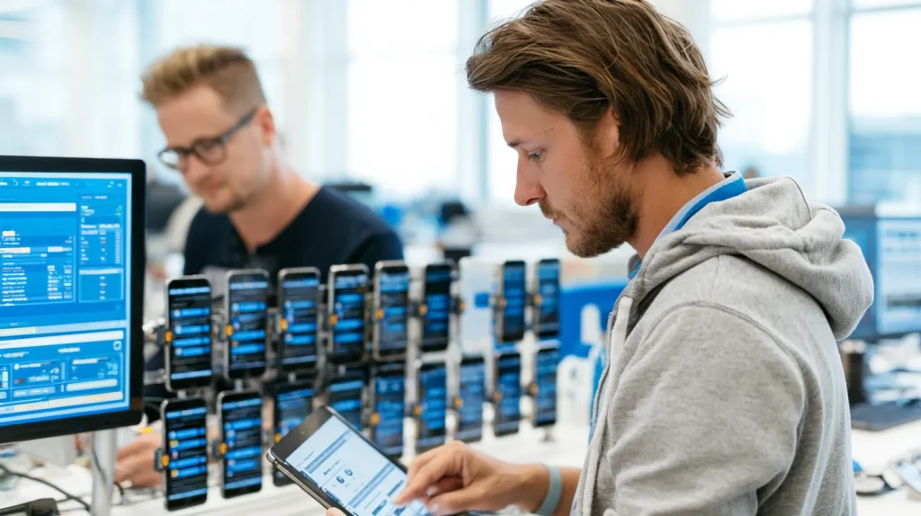 QA engineer running a scripted test pass on a tablet at a multi-device testing rack while a colleague reviews a Pharos-blue coverage dashboard