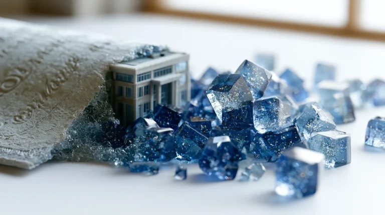 A physical bond certificate and building model dissolving into Pharos-blue glass token blocks on white, representing the state of RWA tokenization in 2026