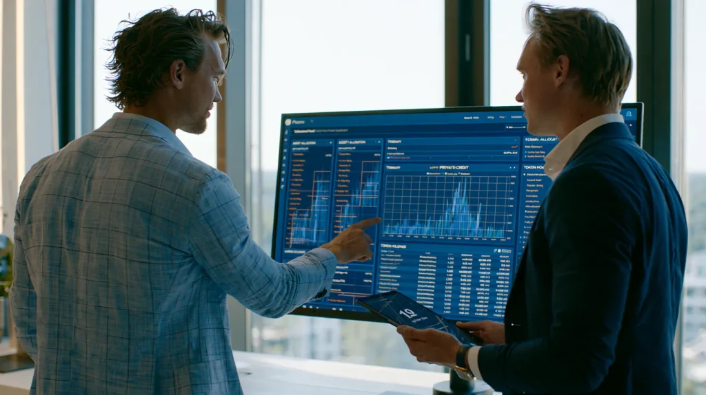 Two FinTech professionals reviewing a Pharos-blue tokenized fund dashboard in a bright office