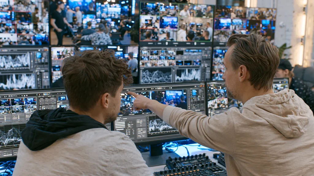 Engineers in a broadcast operations control room monitoring multiview streaming feeds on a wall of screens