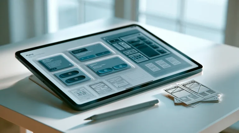 Wireframe sketch transforming into a polished user interface screen, representing UX/UI design and product design