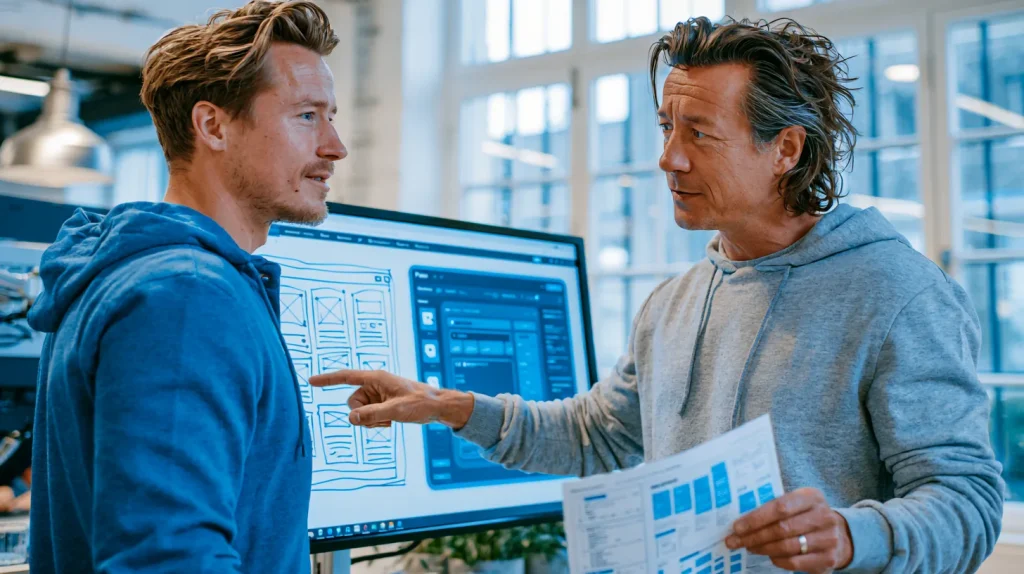 Two UX/UI designers reviewing a wireframe and a high-fidelity interface mockup together