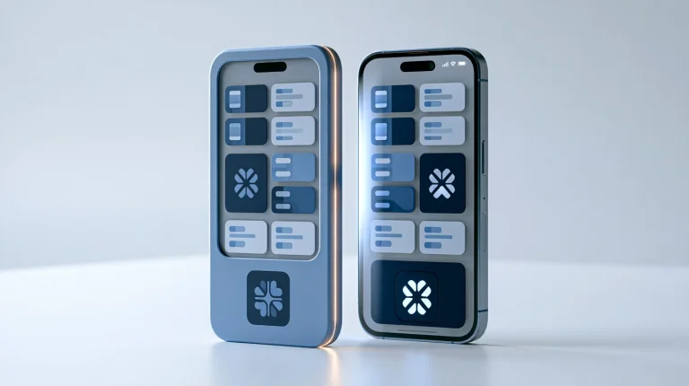 Macro close-up of an identical app interface shown on two devices being re-skinned with two different white label software development brand color schemes and logos