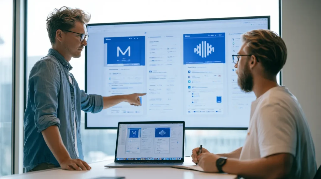 Agency team reviewing a white-labeled product across two branded client mockups on a shared screen