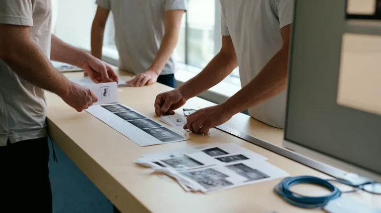 Two reviewers checking printed disclosure icon proofs against printed video frame stills on a long review bench, the marking check required by AI Act Article 50