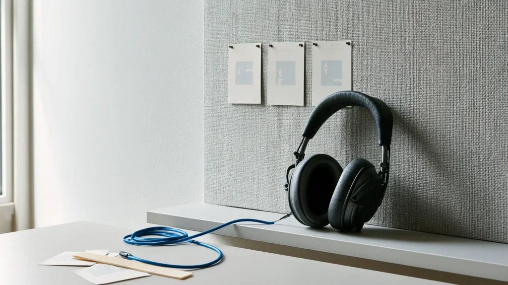 Three printed disclosure icon proofs pinned in a row on a pale pinboard with studio headphones resting beside them, the visual marks and the audio-only alternative under AI Act Article 50