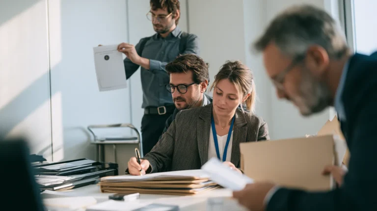 A provider's own staff signing the declaration page on a thick conformity file in a small office with no external assessor present, the Annex VI internal control route for credit scoring and insurance pricing under the AI Act
