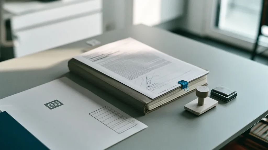 A signed declaration page resting on a thick self-assessed conformity file beside a printed marking proof sheet whose number space is left blank, the entire evidence a self-assessment under AI Act Annex VI produces