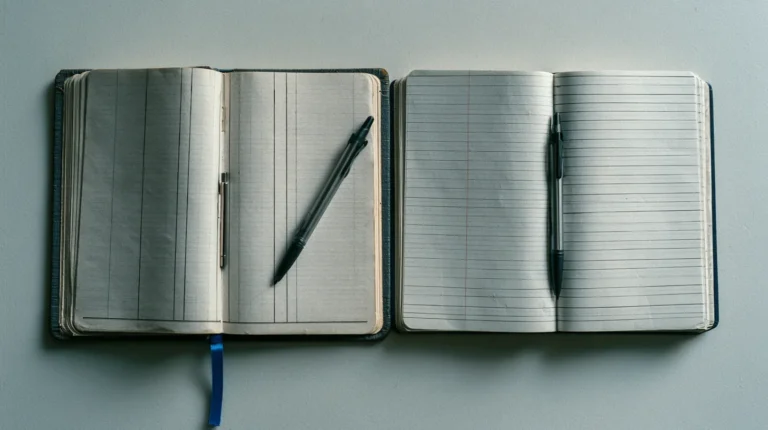 Two bound hardcover incident logbooks lying open side by side on one desk with visibly different column rulings and a separate pen resting in each, the two independent classification passes a financial entity runs under the AI Act and DORA