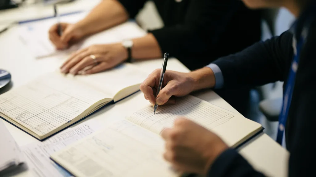 Two colleagues at one desk each writing the same event into a different bound logbook with different column rulings, the two independent classification passes a bank runs under the AI Act and DORA