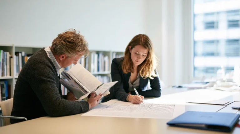 A bank compliance officer reading from an open supplier manual while a colleague fills a single row on a wide ruled sheet whose other rows stay empty, the deployer side fundamental rights impact assessment owed by banks and insurers under the AI Act