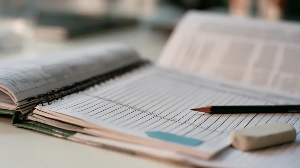 A close-up of a wide five column ruled row sheet with only one row completed in pencil and the rest empty, lying beside an open spiral bound supplier manual, element (d) of a fundamental rights impact assessment for a scoring model