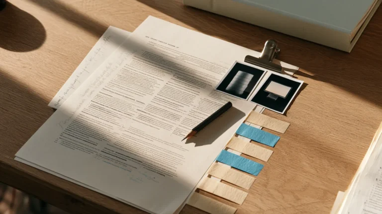 A printed product feature list annotated down a five step sequence with index tabs and two small product photographs clipped beside it, the high-risk classification test under the EU AI Act
