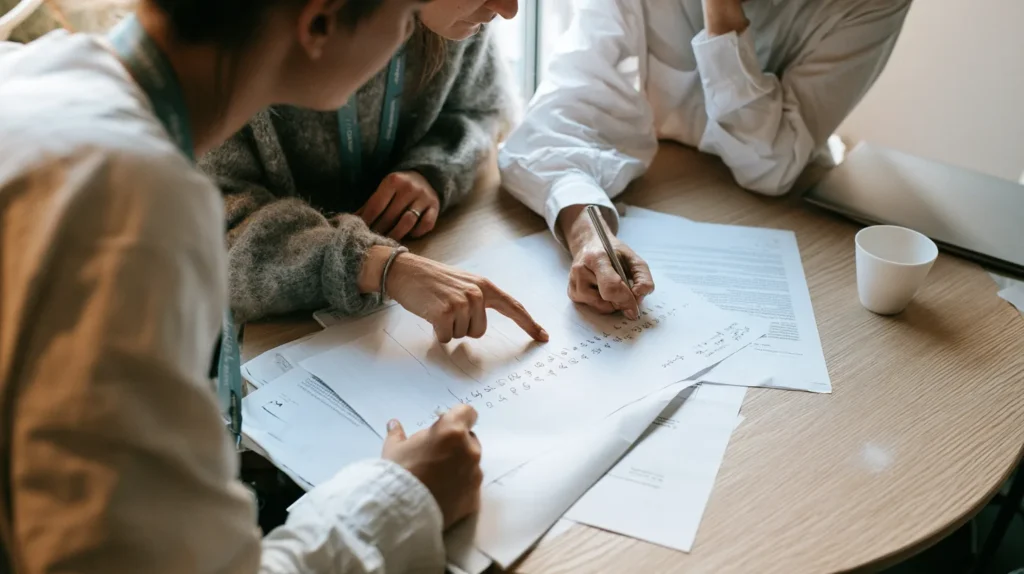 A product manager and a lawyer working one feature at a time down a written five question sequence at a small round table, classifying a system as high-risk under the EU AI Act