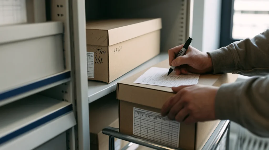 Hands writing a date range onto the label of a sealed archive box at a records shelving bay with the monitoring plan draft resting on the box lid, the log retention an AI Act post-market monitoring plan has to specify