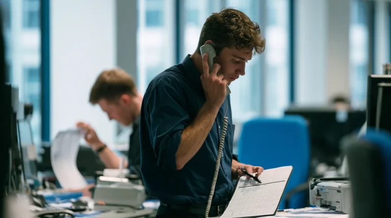 An on-duty engineer standing at a desk with a phone handset lifted off its cradle and starting the first entry on a blank printed incident record form, the moment one of the AI Act reporting clocks starts running