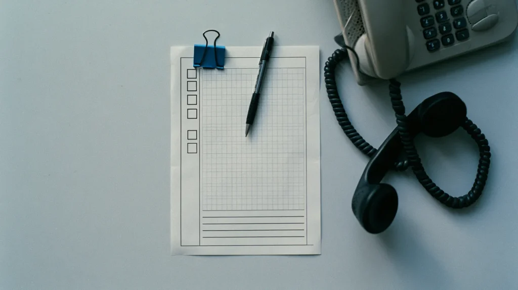 A printed incident record form with a column of four empty tick boxes and one wider ruled field left blank, on a desk beside a phone handset lying off its cradle, the four limb taxonomy behind AI Act serious incident reporting