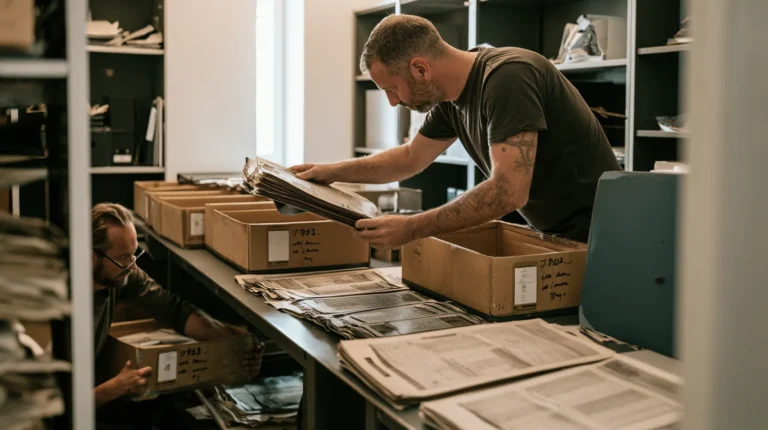 Someone pulling dated records out of open archive boxes and spreading them across a table to reconstruct technical documentation after the fact, why retrospective assembly fails under the AI Act