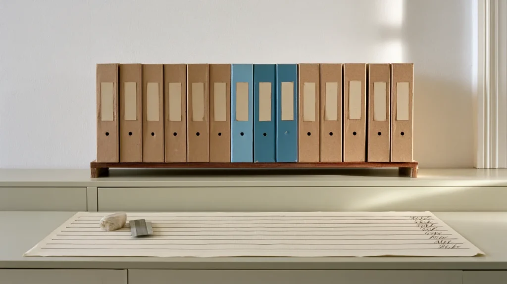 A nine row paper mapping sheet with owner initials pencilled in, laid beside nine labelled folders standing in a row, the Annex IV documentation points and the artifacts that satisfy them